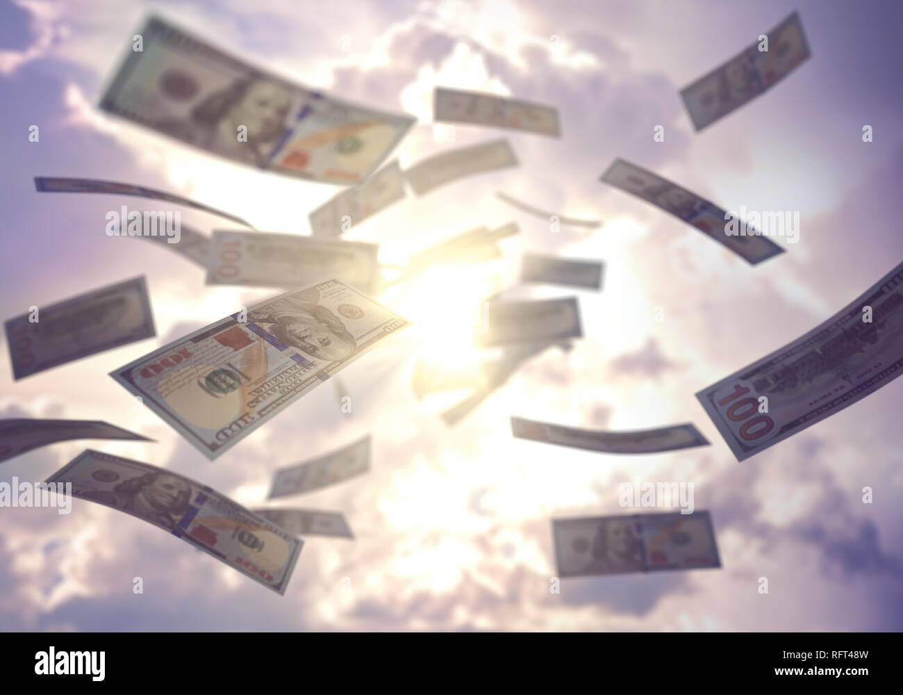Raining money from the sky, American dollar bills falling everywhere. Concept of wealth, making easy money, without difficulty. Stock Photo