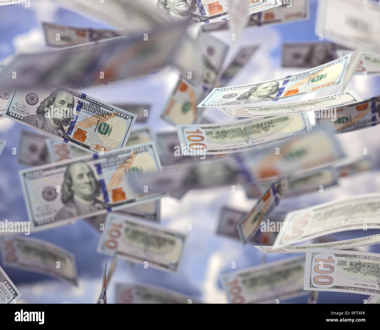 Raining money from the sky, American dollar bills falling everywhere. Concept of wealth, making easy money, without difficulty. Stock Photo