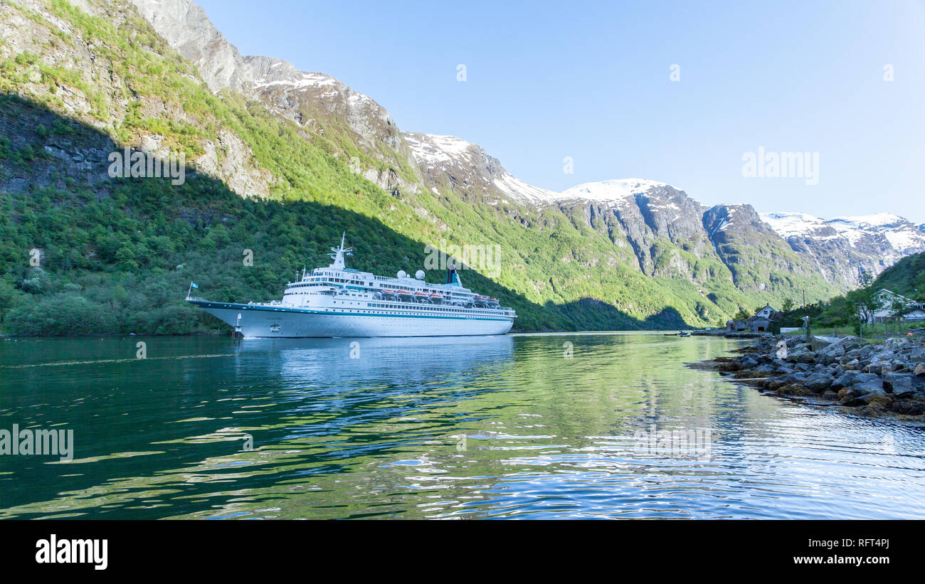Cruise ship in Naeroyfjord a Unesco World Heritage Site, near Gudvangen, Norway Stock Photo