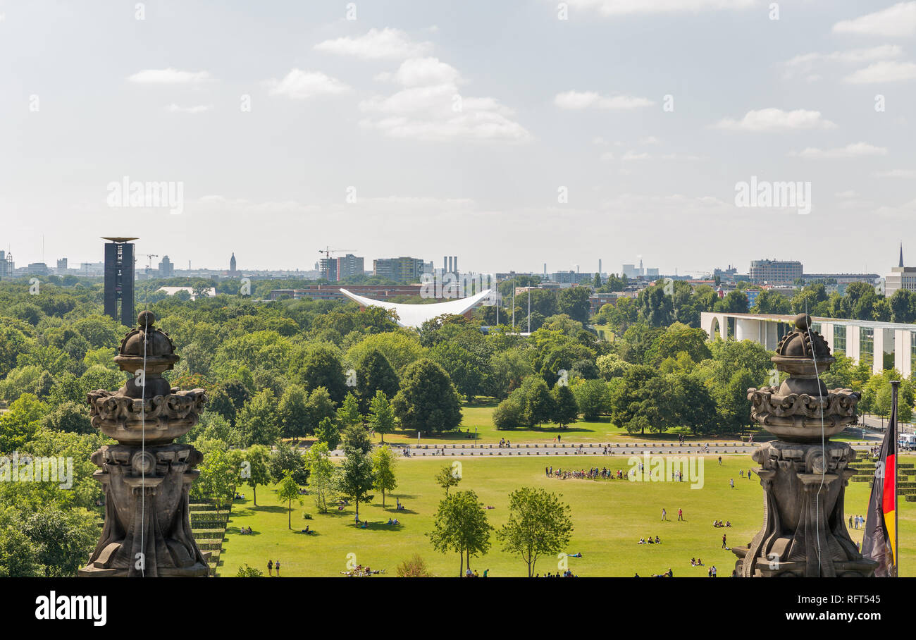 Reichstag roof and Berlin cityscape with Tiergarten park, House of World Cultures and Federal Chancellery building. Mitte district, Germany. Stock Photo