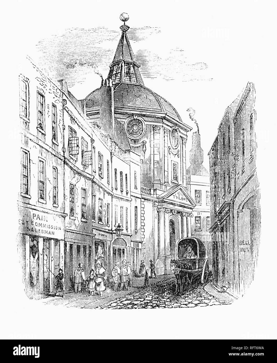An 1841 view of the old College of Physicians in Warwick Lane, in London, England. In September 1666, the College of Physicians’ home in the City of London, was completely destroyed by the Great Fire.  The physicians then moved into a spectacularly grand and opulently redesigned home in 1678 in Warwick Lane – close to their destroyed home in Amen Corner. Stock Photo