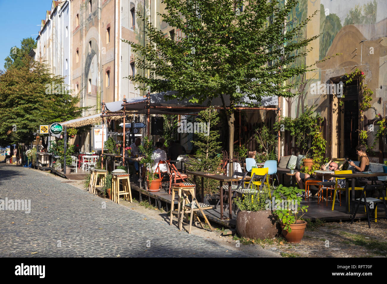 Restaurants on cobbled street, Skadarlija, Belgade's Bohemian Quarter, Belgrade, Serbia, Europe Stock Photo