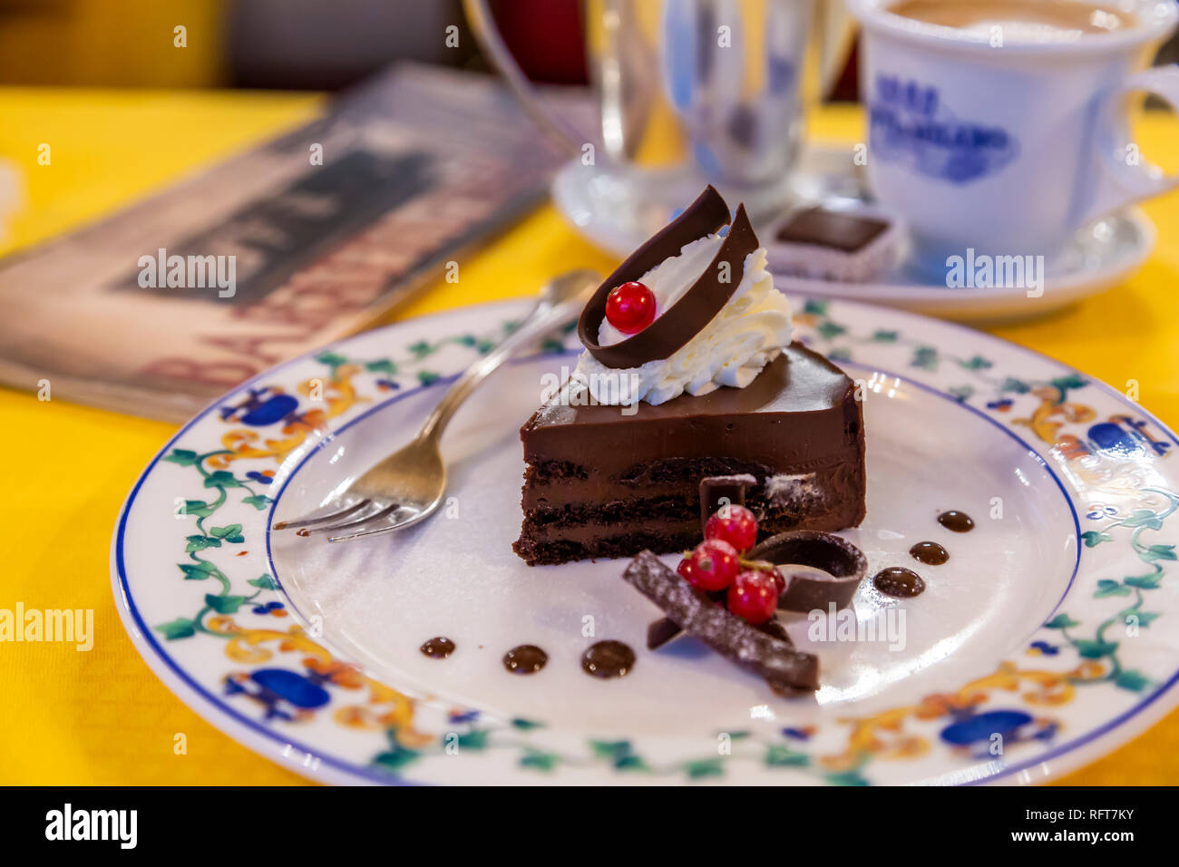 Signature chocolate cake and coffee in Confetteria Buratti and Milano, Piazza Castello, Turin, Piedmont, Italy, Europe Stock Photo