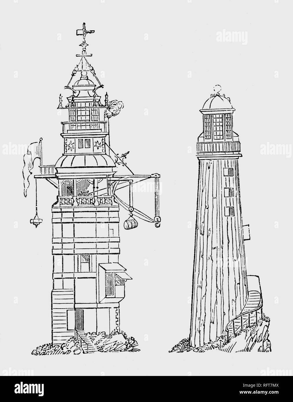 The Eddystone Lighthouse design by Henry Winstanley 1644-1703), an English engineer who constructed the first  lighthouse south of Rame Head, England.  Winstanley invested in commercial enterprises in five ships, two of which were wrecked on the reef. Told it was too treacherous to mark, he decided to build the first lighthouse. The next drawing is the third Eddystone Lighthouse on the dangerous Eddystone Rocks, south of Rame Head, England.  Designed using granite blocks by the Royal Society, civil engineer John Smeaton Stock Photo