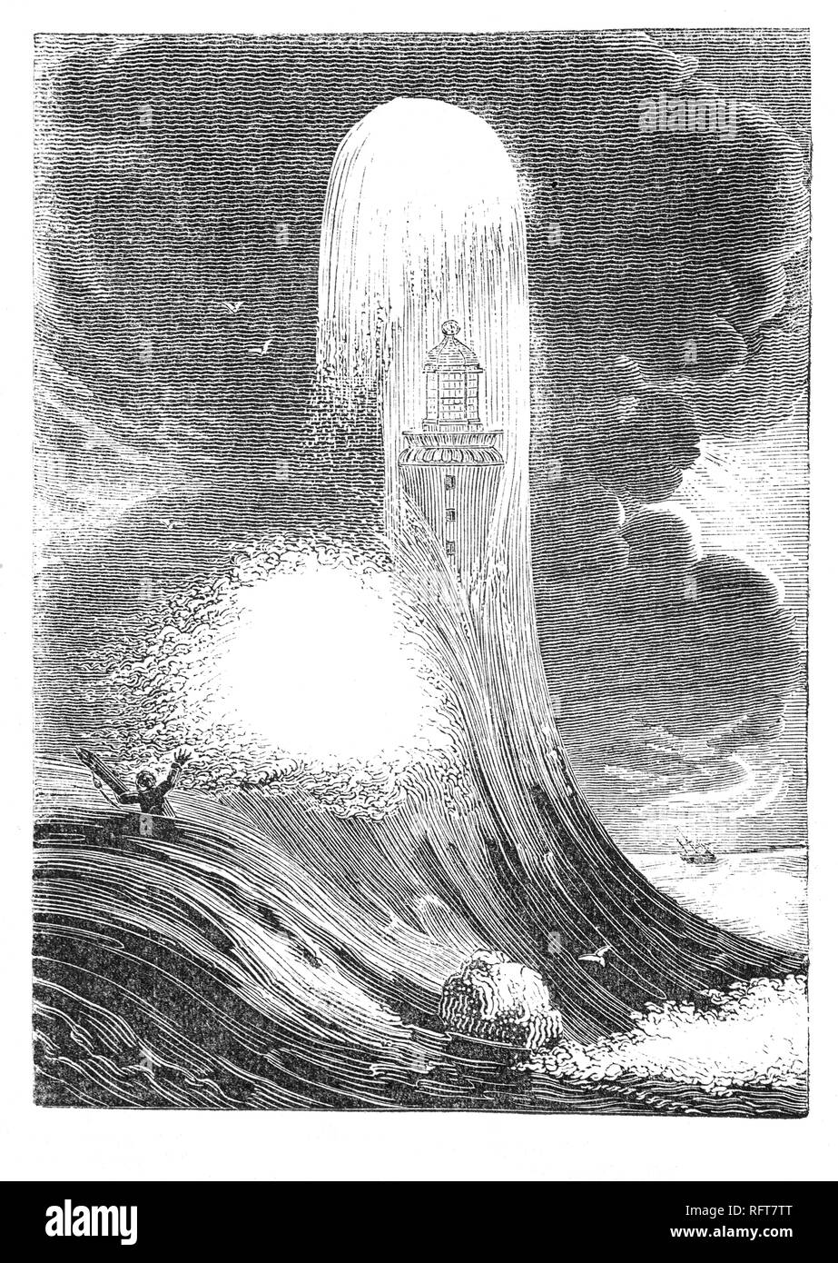 A massive wave hitting the third Eddystone Lighthouse on the dangerous Eddystone Rocks, south of Rame Head, England.  Designed  by the Royal Society, civil engineer John Smeaton modelled the shape on an oak tree, built of granite blocks. He pioneered 'hydraulic lime', a concrete that cured under water, and developed a technique of securing the granite blocks using dovetail joints and marble dowels. Construction started in 1756 at Millbay and the light was first lit on 16 October 1759. In 1841 major renovations were made and it remained in use until 1877 and was rebuilt on Plymouth Hoe. Stock Photo