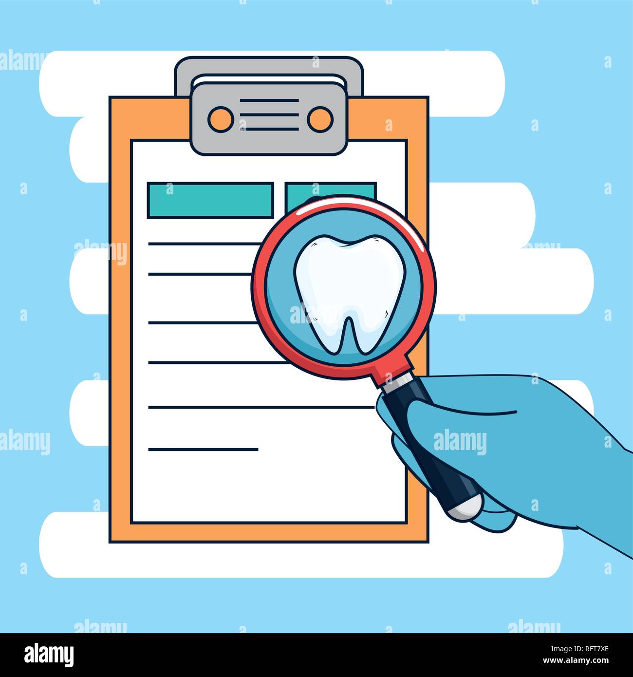 dentistry diagnosis with medicine treatment and magnifying glass Stock