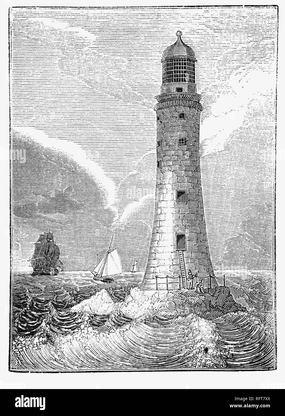 The third Eddystone Lighthouse on the dangerous Eddystone Rocks, south of Rame Head, England.  Designed  by the Royal Society, civil engineer John Smeaton modelled the shape on an oak tree, built of granite blocks. He pioneered 'hydraulic lime', a concrete that cured under water, and developed a technique of securing the granite blocks using dovetail joints and marble dowels. Construction started in 1756 and the light was first lit on 16 October 1759. In 1841 major renovations were made and it remained in use until 1877 when it was rebuilt on Plymouth Hoe, in Plymouth, as a memorial. Stock Photo