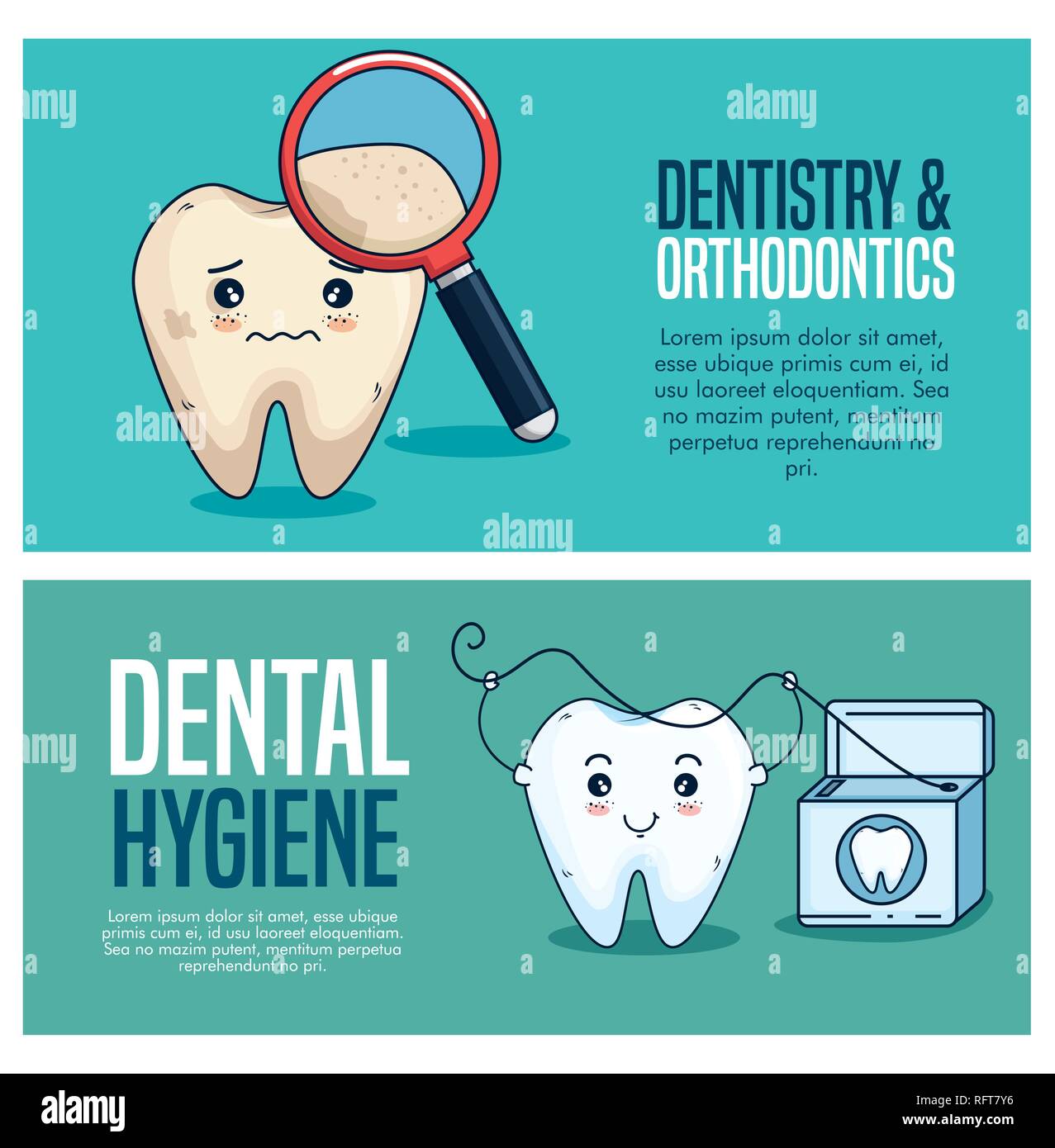 set tooth care treatment with magnifying glass and dental floss Stock ...