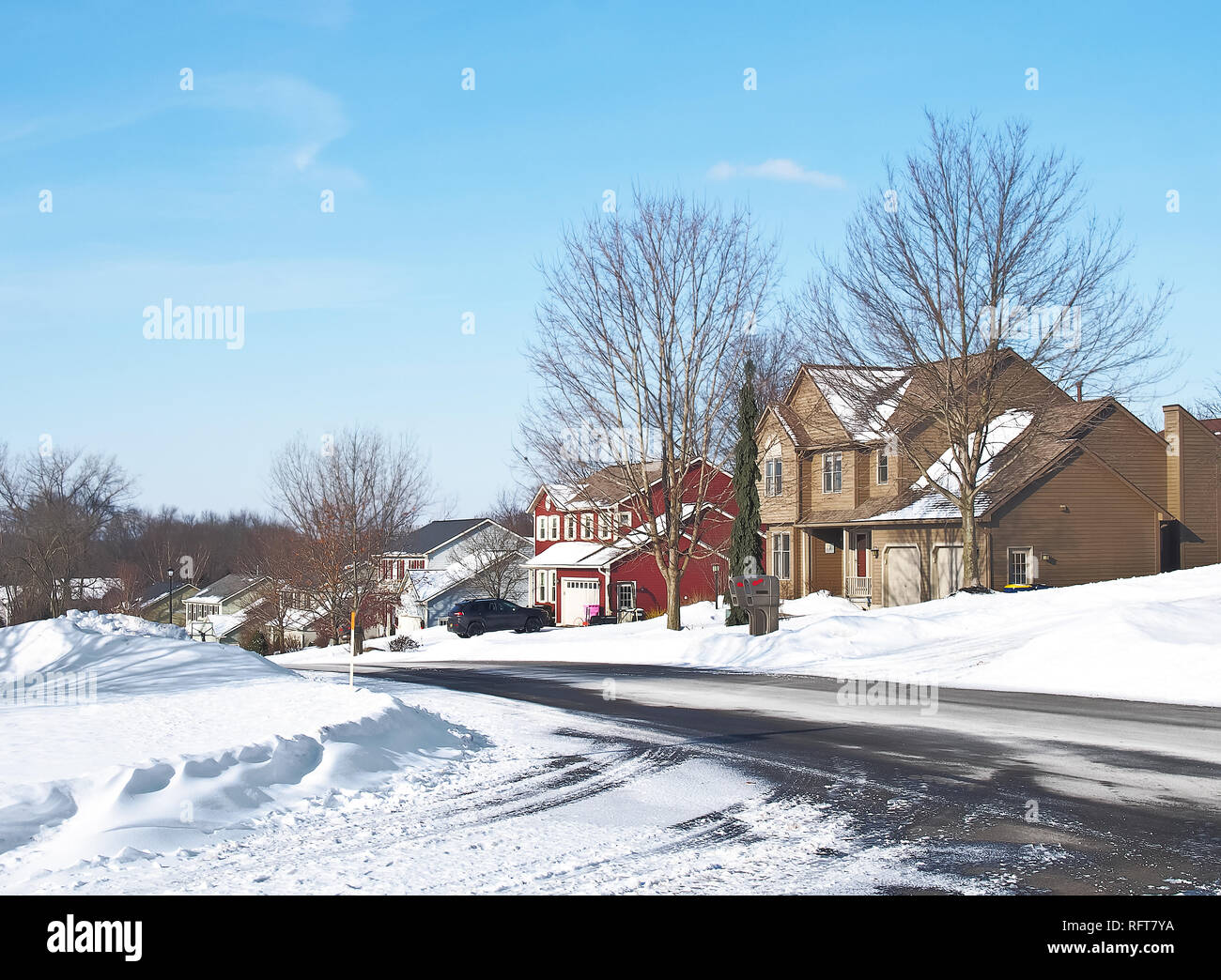 Quiet residental neighborhood on a winter weekend morning Stock Photo