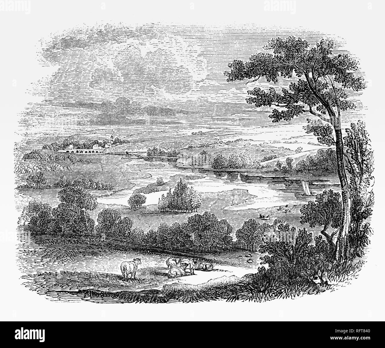An 18th Century view of the River Thames flood plain near Wallingford, a historic market town and civil parish located to the south of Oxford in England. The Blackstone family owned an estate  around Wallingford where Sir William Blackstone, a famous English jurist, judge and Tory politician , built a house called Castle Priory.  William is most noted for writing the Commentaries on the Laws of England; these are noted for their influence on the American Constitution. Stock Photo