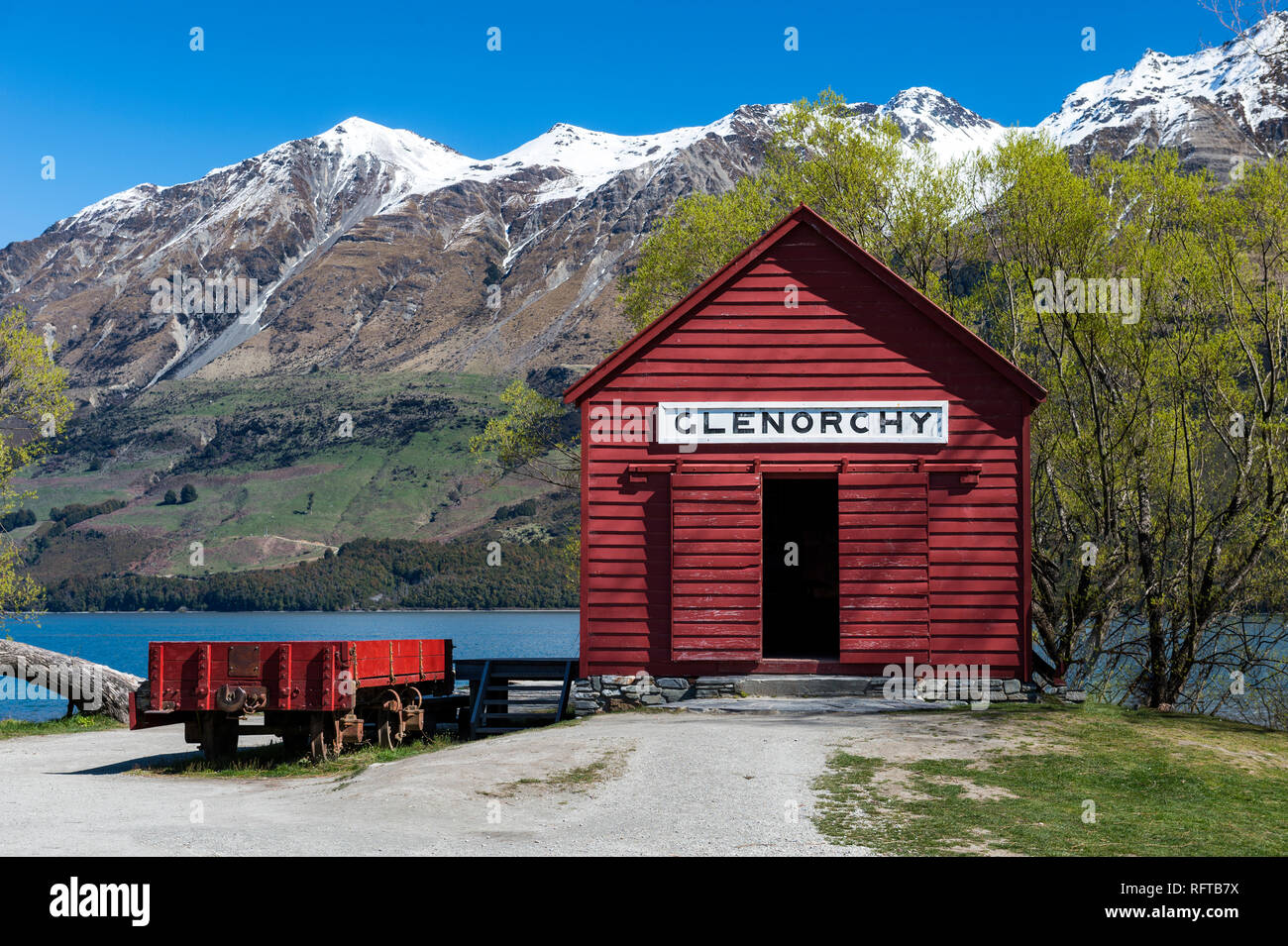 The red boat house in Glenorchy in spring, Queenstown Lakes district, Otago region, South Island, New Zealand, Pacific Stock Photo