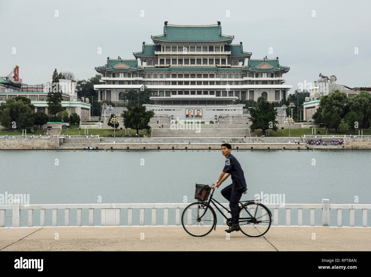 Grand People's Study House and Kim Il Sung Square, seen across Taedong River, Pyongyang, North Korea, Asia Stock Photo