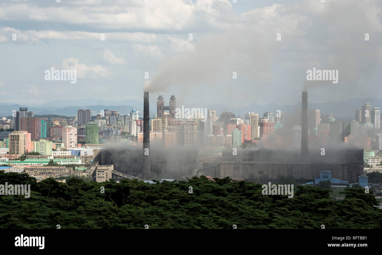 Pollution from the power station near the centre of Pyongyang, North Korea, Asia Stock Photo