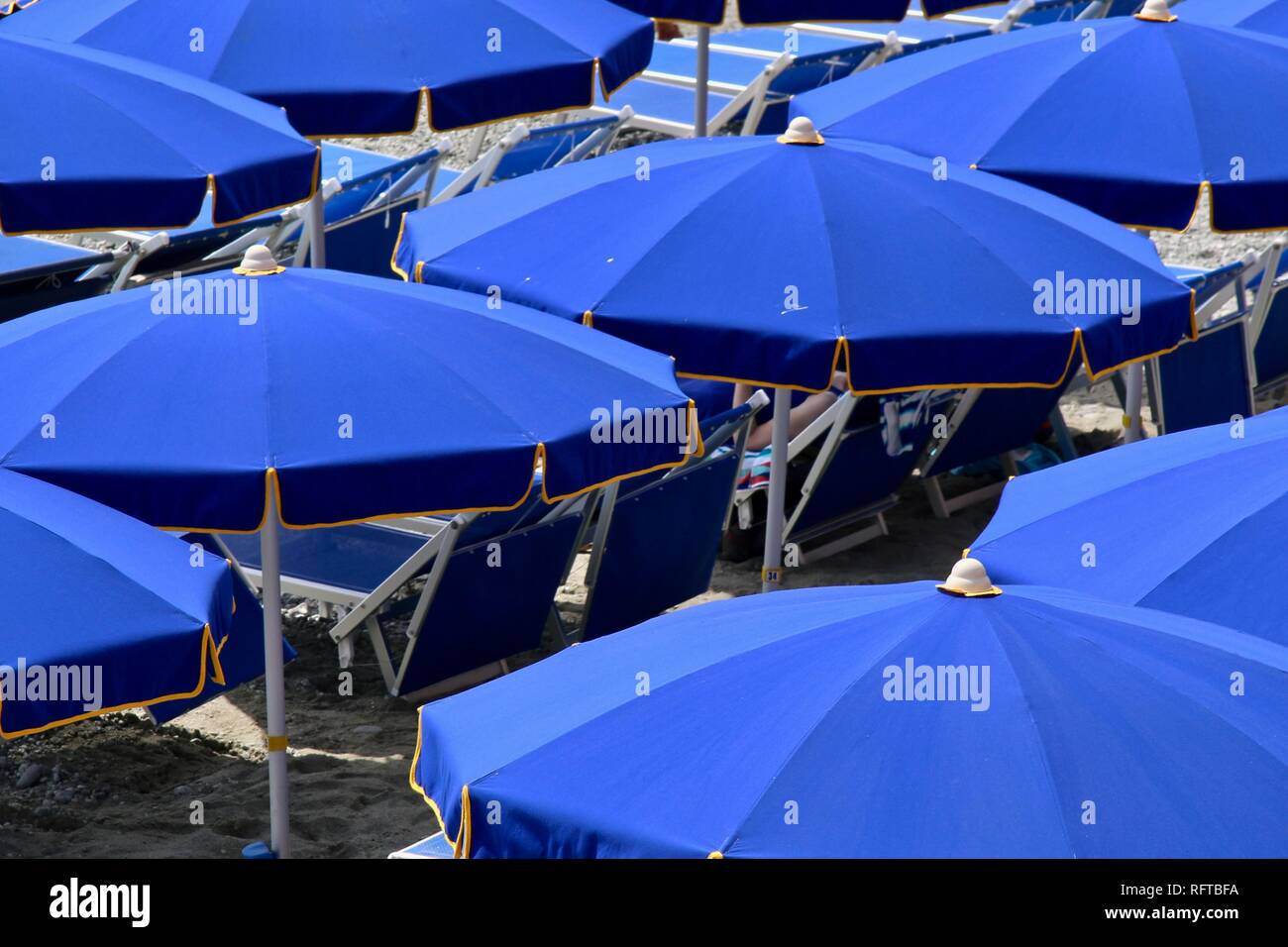 Blue beach umbrellas in Italy Stock Photo - Alamy