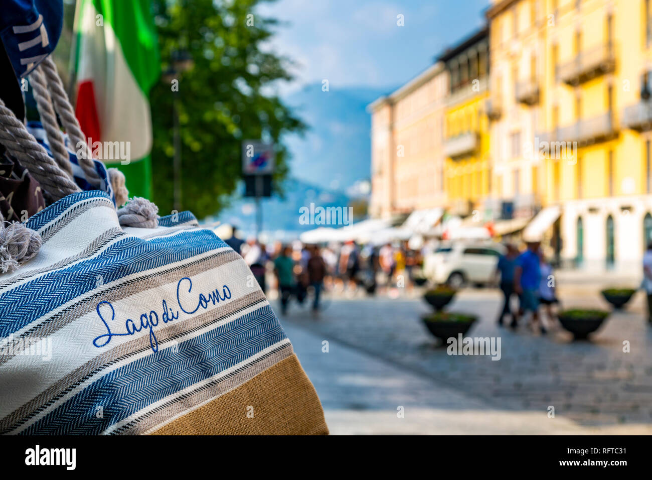 View of souvenir bags and shopping in Como, Province of Como, Lake Como, Lombardy, Italian Lakes, Italy, Europe Stock Photo