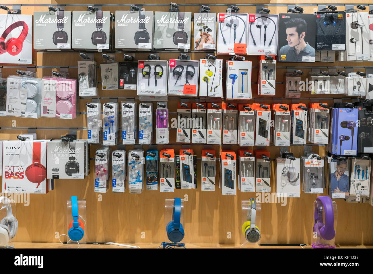 Kiev, Ukraine. January 15 2019 Headphone store. Modern headphones on the  stand in the mall. Various headphones for sale at a store Stock Photo -  Alamy