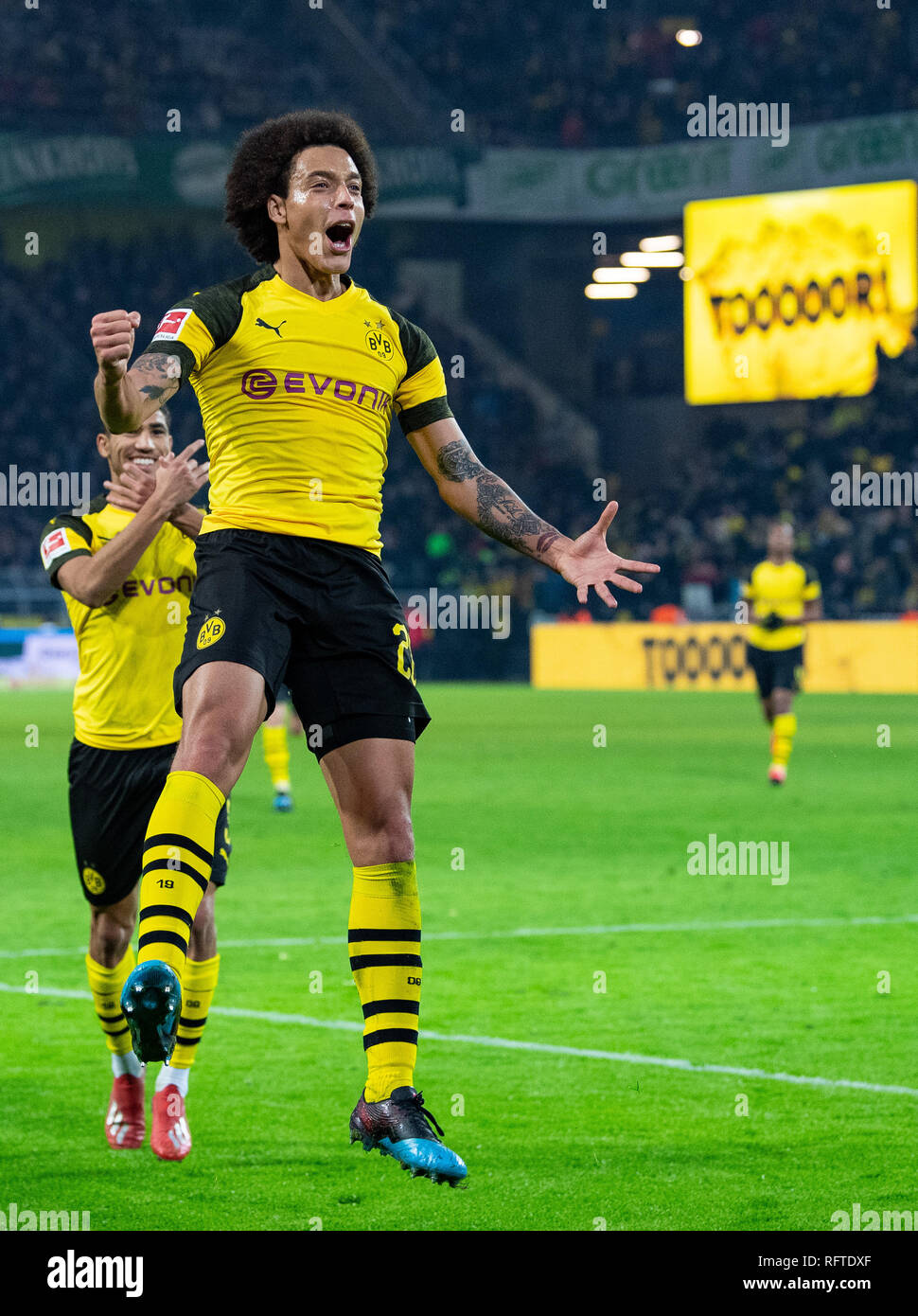 Dortmund Germany 26th Jan 19 Soccer Bundesliga Borussia Dortmund Hannover 96 19th Matchday At Signal Iduna Park Dortmund S Scorer Axel Witsel Jumps Into The Air At His Goal Celebration To 5 1 Dortmund Germany 26th Jan 19 Soccer Bundesliga Borussia Dortmund Hannover 96 19th Matchday At Signal Iduna Park Dortmund S Scorer Axel Witsel Jumps Into The Air At His Goal Celebration To 5 1