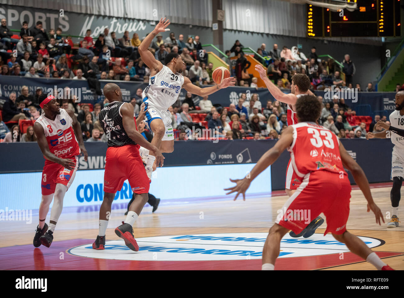 Montreux, Switzerland. 26th Jan, 2019. Final Four OF THE SWISS BASKET  LEAGUE (SBL) CUP 2019 FRIBOURG OLYMPIC VS SAM MASSAGNO-Fribourg Olympic Vs  Sam Massagno at the Pierrier staduim in Montreux in Switzerland, (