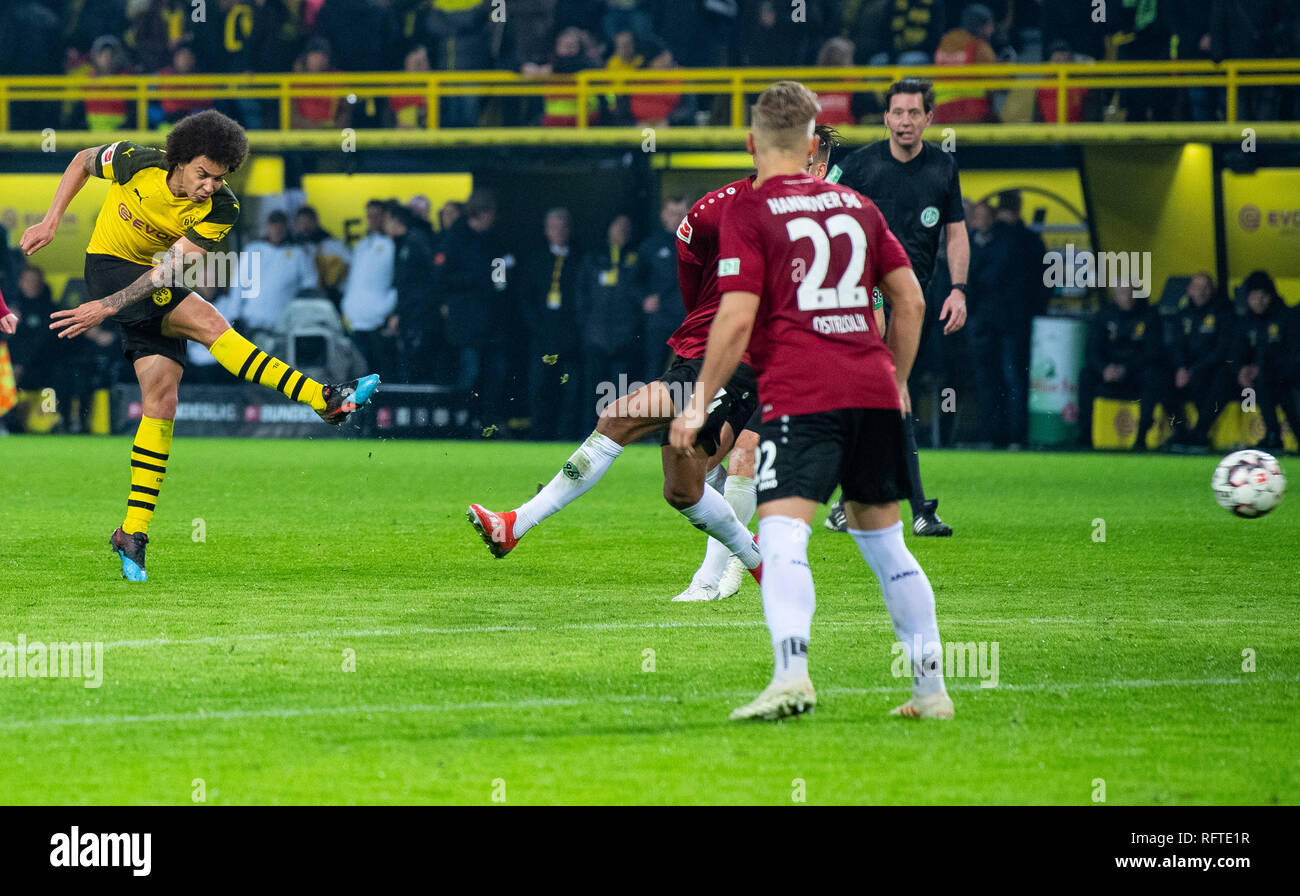 Dortmund, Germany. 26th Jan, 2019. Soccer: Bundesliga, Borussia Dortmund - Hannover 96, 19th matchday at Signal Iduna Park. Dortmund's Axel Witsel (l) scored the goal to 5-1 with his goal shot. Credit: Guido Kirchner/dpa - IMPORTANT NOTE: In accordance with the requirements of the DFL Deutsche Fußball Liga or the DFB Deutscher Fußball-Bund, it is prohibited to use or have used photographs taken in the stadium and/or the match in the form of sequence images and/or video-like photo sequences./dpa/Alamy Live News Stock Photo
