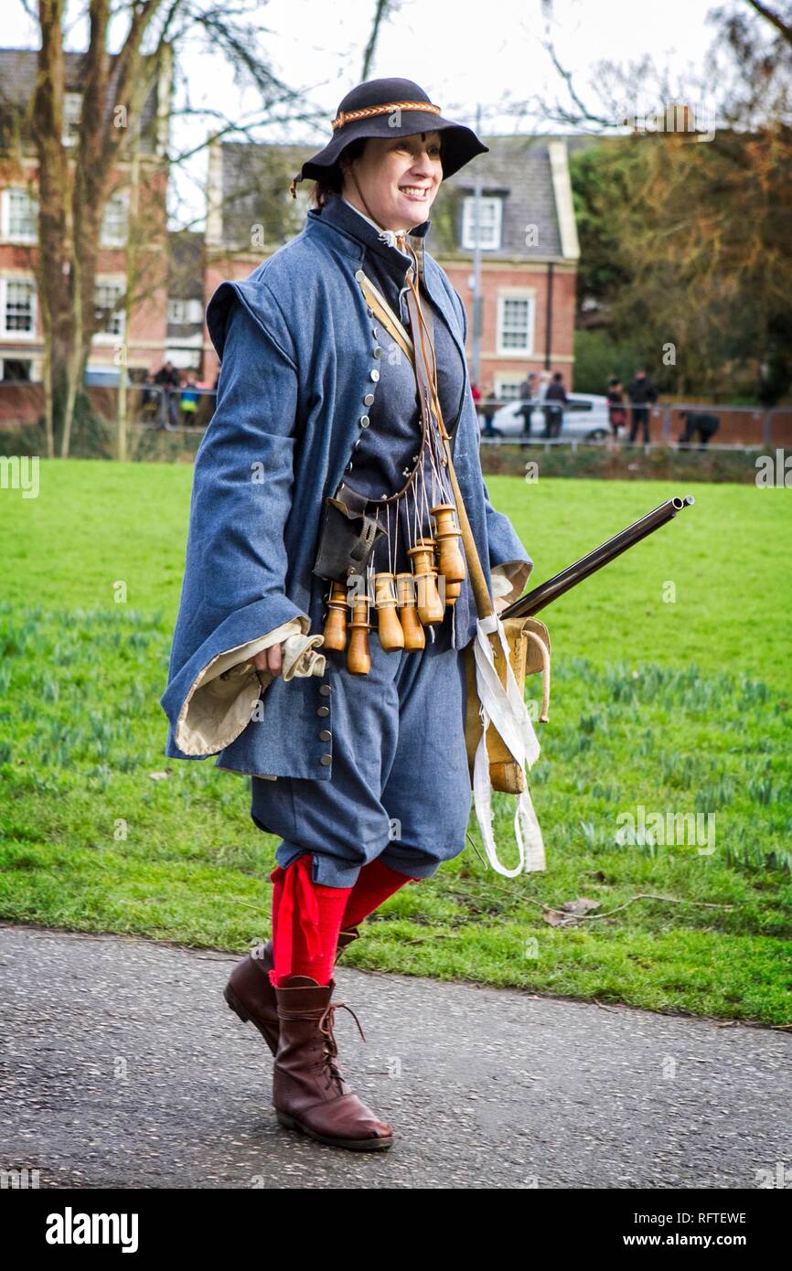 The Battle of Nantwich was fought during the First English Civil War, between the Parliamentarians and Royalists, northwest of the town of Nantwich in Cheshire on 25 January 1644. The Royalists under Lord Byron were besieging Nantwich, and Sir Thomas Fairfax led an army to relieve the town. As Fairfax approached, a sudden thaw caused the River Weaver to rise in spate, dividing Byron's cavalry from his infantry and artillery, who were overrun and destroyed by Fairfax. Stock Photo