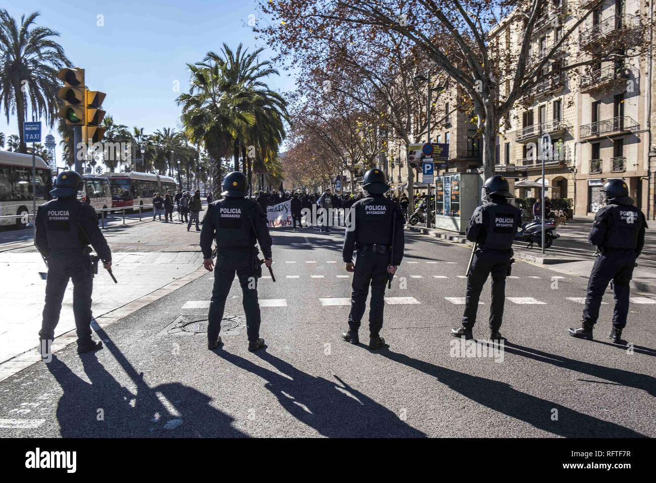 Barcelona, Spain. 26th January, 2019. Police officers are seen in front of anti-fascist protesters during the demonstration.Only a few followers have attended to the call of the ultra-right ''˜We Recover Spain-National Identity Front' that was intended to celebrate the 80th anniversary of the entry of Francoist troops in Barcelona that ended the Spanish Civil War. Antifascists occupied the Plaza Sant Jaume for one hour where it was intended to celebrate the commemoration. Finally the police intervened to stop the anti-fascist protest. Credit: ZUMA Press, Inc./Alamy Live News Stock Photo