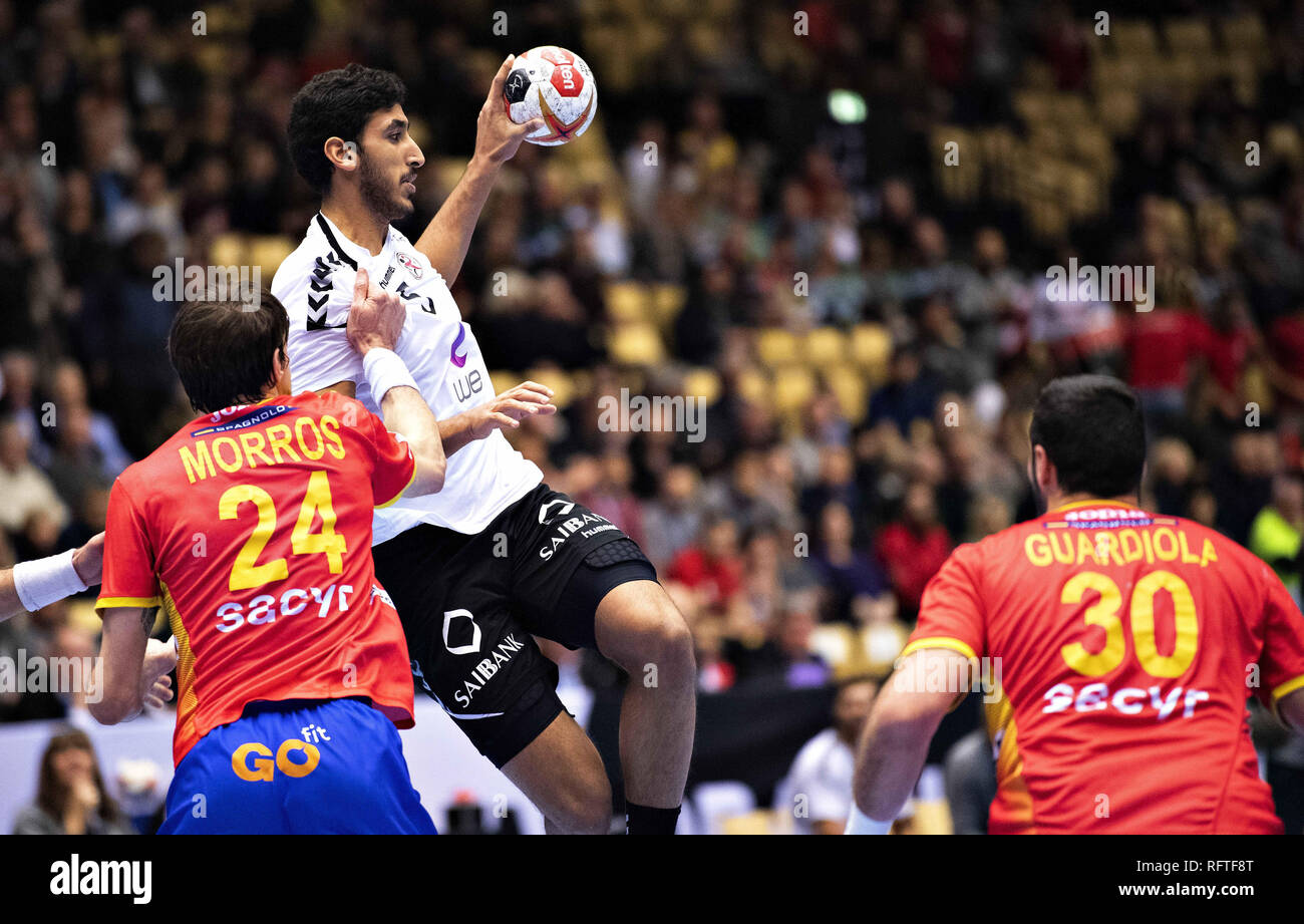Herning, Denmark. 26th Jan, 2019. Viran Morros de Argila (24), Spain and Gedeon Guardiola Vilaplana (30), Spain are blocking an attack from Yahia Omar, Egypt in the handball match for the 7th and 8th place between Spain and Egypt in Jyske Bank Boxen in Herning during the 2019 IHF Handball World Championship in Germany/Denmark. Credit: Lars Moeller/ZUMA Wire/Alamy Live News Credit: ZUMA Press, Inc./Alamy Live News Stock Photo
