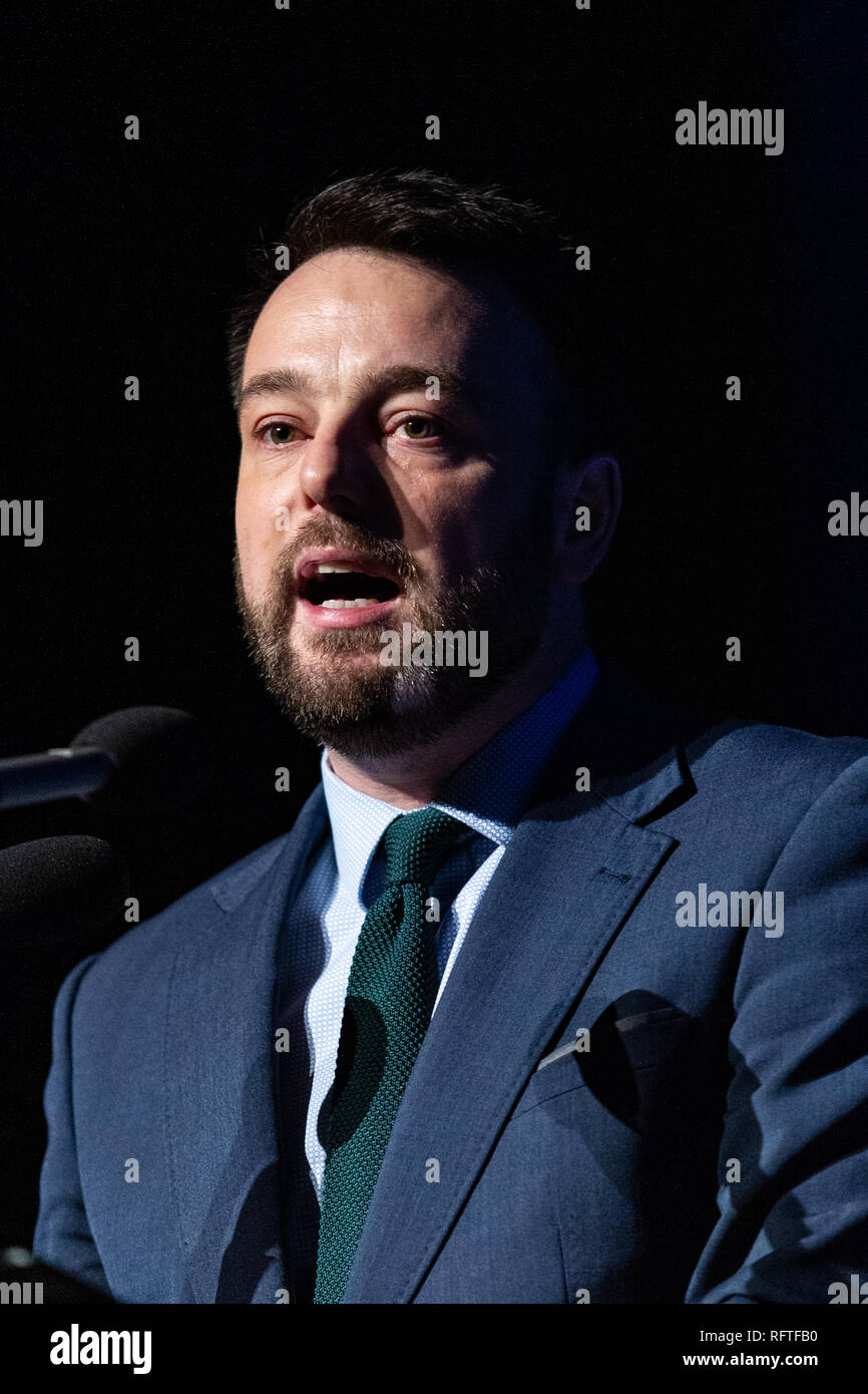 Waterfront Hall, Belfast, UK. 26th January 2019. . Colum Eastwood MLAwas one of the Speakers at the  Beyond Brexit Conference.  What does the future hold for Irish citizens in the north?  Over 1700 People attended the conference where various opinions were talked about on the future of the island of Ireland and it's people post Brexit. Can a future be created in Ireland where all citizens are cherished and their rights are guaranteed and respected? Credit: Bonzo/Alamy Live News Stock Photo