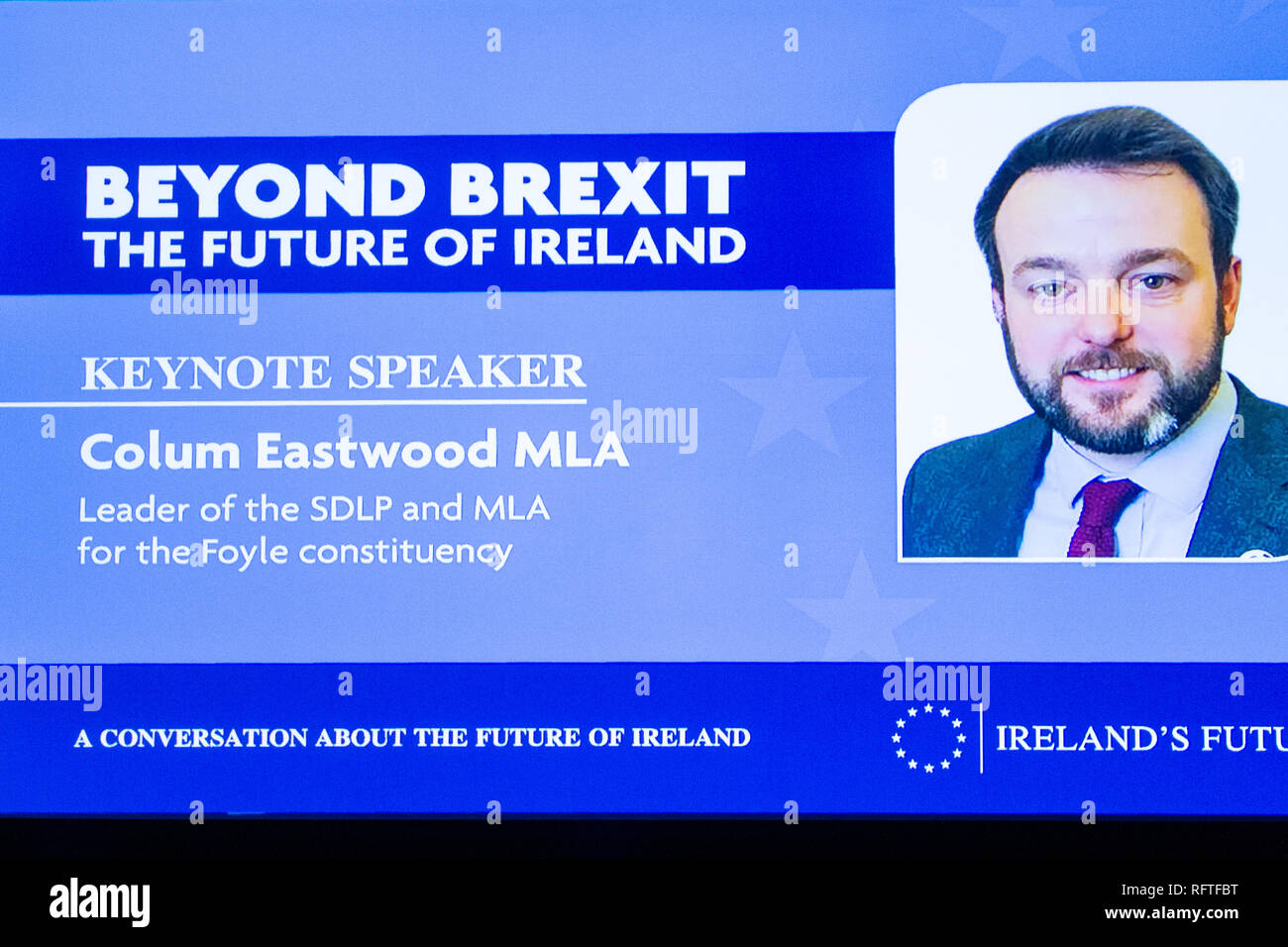 Waterfront Hall, Belfast, UK. 26th January 2019. . Colum Eastwood MLAwas one of the Speakers at the  Beyond Brexit Conference.  What does the future hold for Irish citizens in the north?  Over 1700 People attended the conference where various opinions were talked about on the future of the island of Ireland and it's people post Brexit. Can a future be created in Ireland where all citizens are cherished and their rights are guaranteed and respected? Credit: Bonzo/Alamy Live News Stock Photo