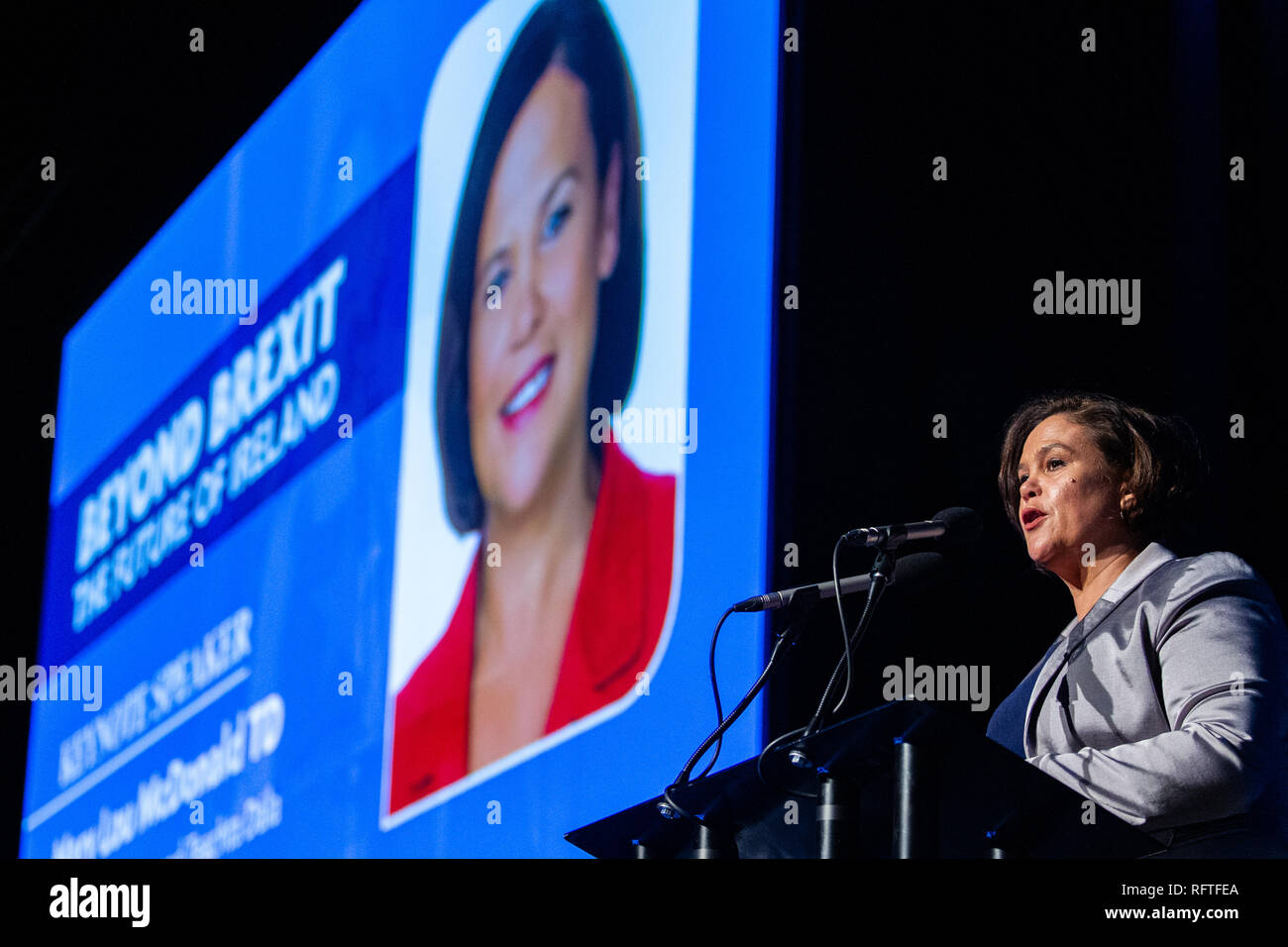 Waterfront Hall, Belfast, UK. 26th January 2019. . Mary Lou McDonald TD was one of the Keynote Speakers at the  Beyond Brexit Conference.  What does the future hold for Irish citizens in the north?  Over 1700 People attended the conference where various opinions were talked about on the future of the island of Ireland and it's people post Brexit. Can a future be created in Ireland where all citizens are cherished and their rights are guaranteed and respected? Credit: Bonzo/Alamy Live News Stock Photo