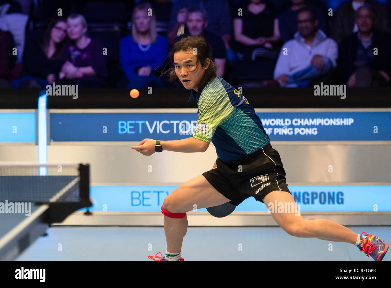 London, UK. 26th Jan, 2019. Andrew Baggaley (ENG) against Dai Suchuan (CHN) during Betvictor World Championship of Ping Pong - 2019 tournament - knockout stage at Alexander Palace on Saturday, 26 January 2019. LONDON ENGLAND. (Editorial use only, license required for commercial use. No use in betting, games or a single club/league/player publications.) Credit: Taka G Wu/Alamy News Credit: Taka Wu/Alamy Live News Stock Photo