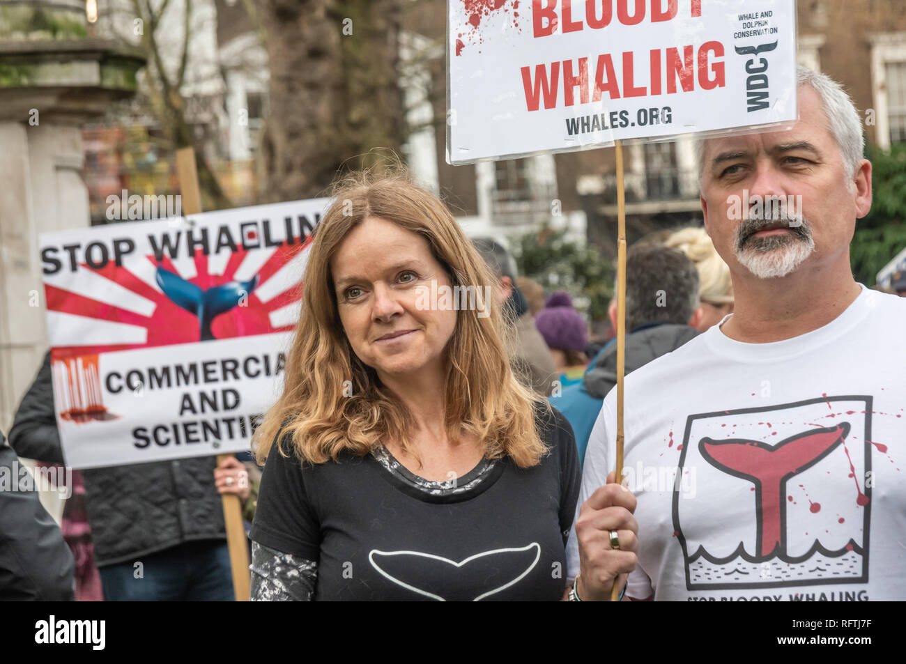 London, UK. 26th January 2019. A rally in Cavendish Square opposed the Japanese government's decision to  withdraw from the International Whaling Commission (IWC) and resume commercial whaling in July 2019. This could result in many species of whales becoming under threat. Speakers included Dominic Dyer, Will Travers of Born Free, John Flack, MEP, Stanley Johnson and Boris's girlfriend Carrie Symonds, and a remarkable young girl Bella. The campaigners then marched to deliver a letter to the Japanese Embassy. Peter Marshall/Alamy Live News. Stock Photo