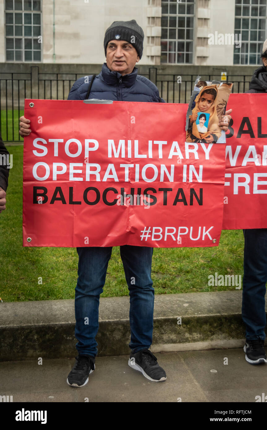 London, UK. 26th January 2019. The Baloch Republican Party UK protested opposite Downing St demanding the release of missing persons in Balochistan, abducted by the Pakistan army and to support the mothers and sisters of missing persons on hunger strike in the Quetta Press Club. They say Baloch people from every intellectual field are being abducted and mutilated dead bodies being discovered on a daily basis. Balochistan is the largest of Pakistan's four provinces and its incorporation into Pakistan was highly contested after independence. Credit: Peter Marshall/Alamy Live News Stock Photo