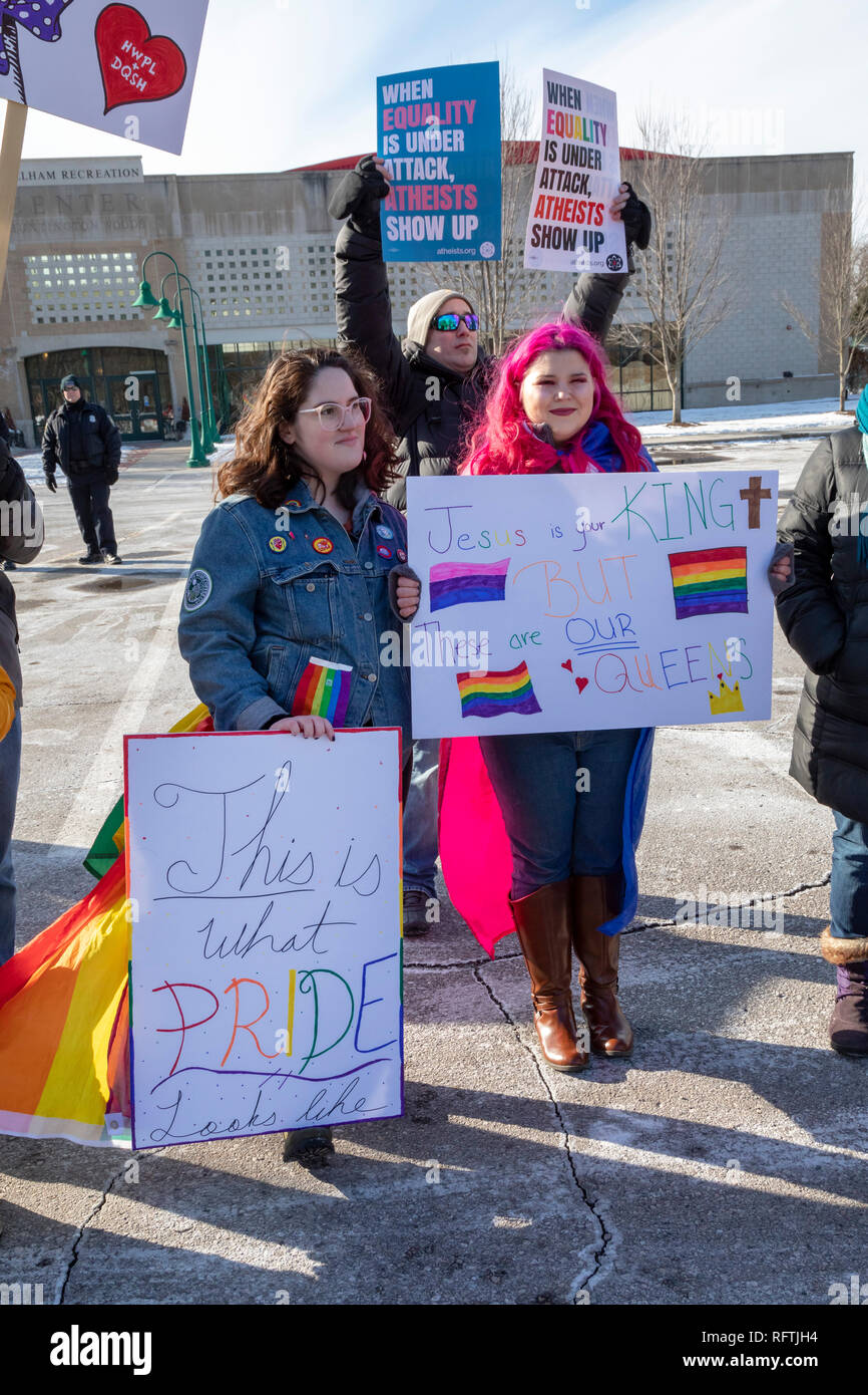 Huntington Woods, Michigan USA - 26 January 2019 - Opponents and supporters of Drag Queen Storytime at the Huntington Woods Public Library rallied outside the suburban Detroit library. A half dozen members of a conservative Christian group, Warriors for Christ, opposed the popular program, while two hundred local residents turned out to support it. Credit: Jim West/Alamy Live News Stock Photo