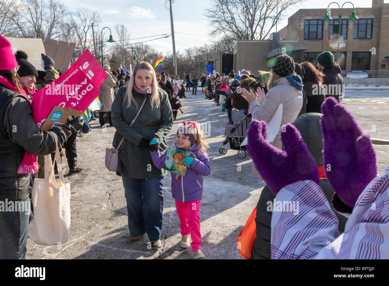 Huntington Woods, Michigan USA - 26 January 2019 - Opponents and supporters of Drag Queen Storytime at the Huntington Woods Public Library rallied outside the suburban Detroit library. While a half dozen members of a conservative Christian group, Warriors for Christ, opposed the popular program, two hundred local residents welcomed children to Storytime. Credit: Jim West/Alamy Live News Stock Photo