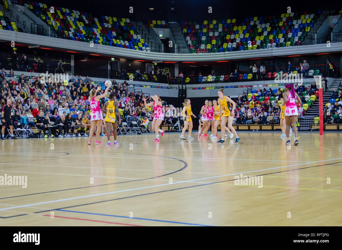 London, UK.  26 January 2019.  London Pulse took on Wasp Netball at the Copperbox, London.  After a tight first half, Wasp Netball ran away with the win. The final result being 50-61 to Wasp Netball. Stock Photo