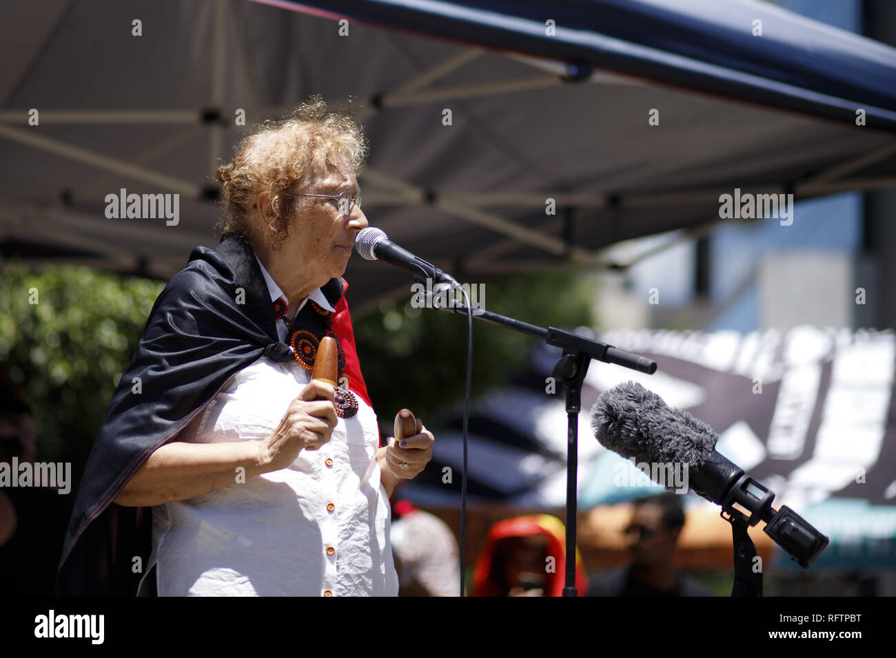 Brisbane, Queensland, Australia. 26th Jan, 2019. Indigenous activist Glenys Croft was born at the Keppell Islands on the central coast of Queensland, and states that she has been to each rally since they began in the state in the 1970s.On the 26th of January, many Australians celebrate Australia day, but to many indigenous Australian people, it is a day synonymous with decades of systematic abuse and genocide. Several thousand protesters took the streets in Brisbane (known as Meanjin by local indigenous people) to rally for sovereignty rights and date changes. (Credit Image: © Joshua Prie Stock Photo