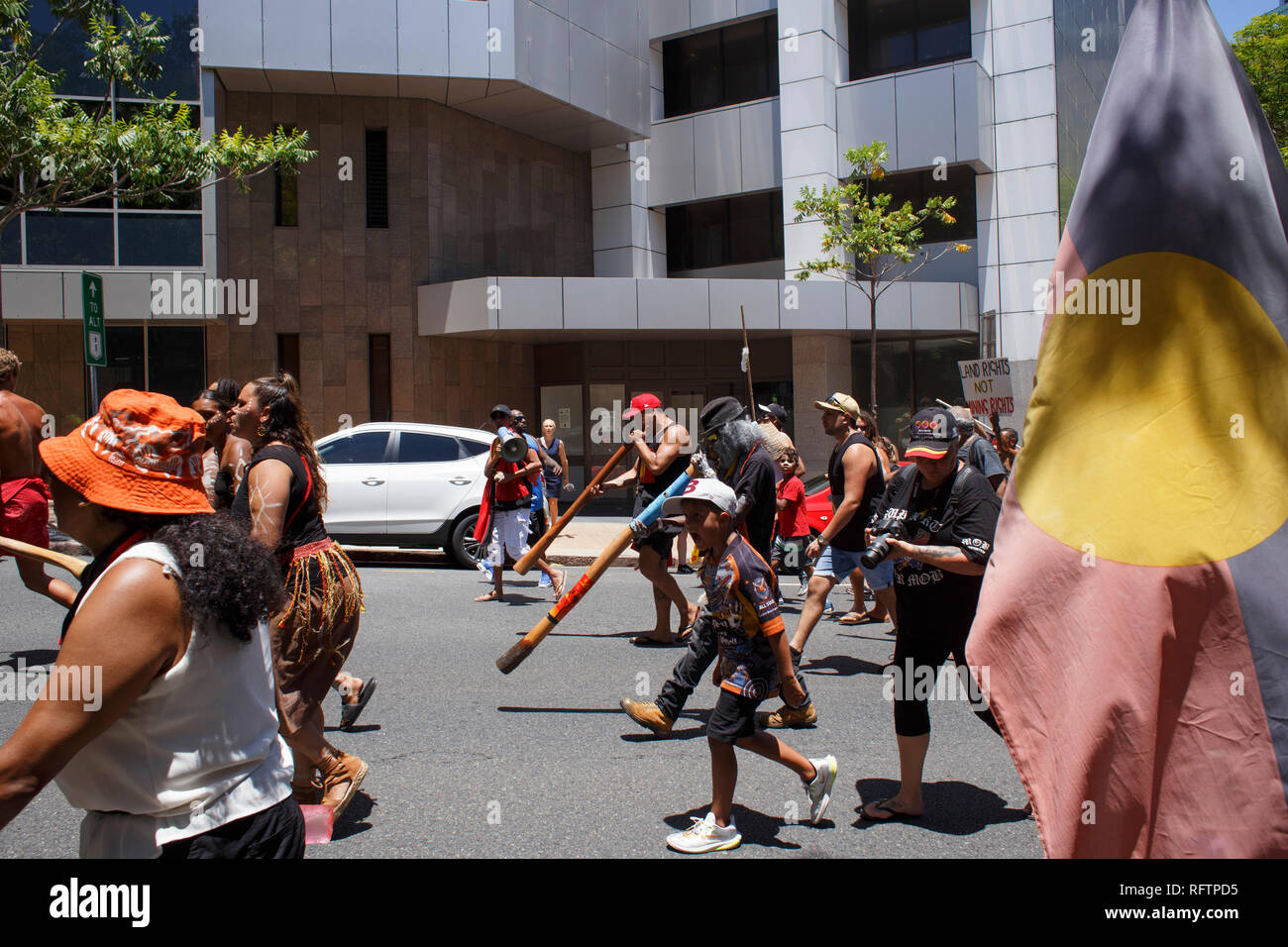 Protesters continue to chant at the 26th January 2019 Meanjin (Brisbane) Invasion Day protest.  On the 26th of January, many Australians celebrate Australia day, but to many indigenous Australian people, it is a day synonymous with decades of systematic abuse and genocide. Several thousand protesters took the streets in Brisbane (known as Meanjin by local indigenous people) to rally for sovereignty rights and date changes. Stock Photo