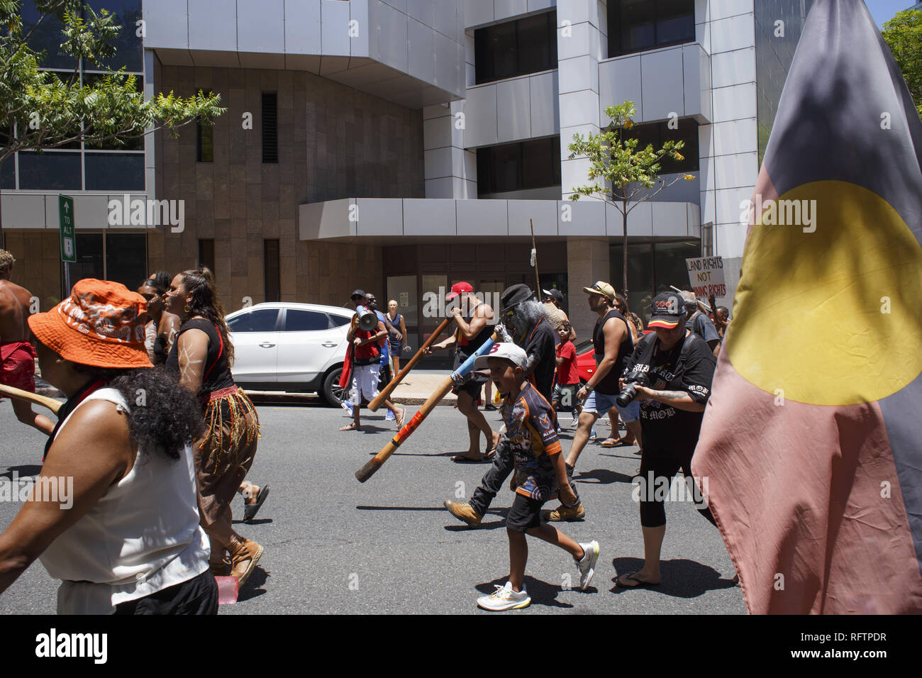 Brisbane, Queensland, Australia. 26th Jan, 2019. Protesters continue to chant at the 26th January 2019 Meanjin (Brisbane) Invasion Day protest. On the 26th of January, many Australians celebrate Australia day, but to many indigenous Australian people, it is a day synonymous with decades of systematic abuse and genocide. Several thousand protesters took the streets in Brisbane (known as Meanjin by local indigenous people) to rally for sovereignty rights and date changes. Credit: Joshua Prieto/SOPA Images/ZUMA Wire/Alamy Live News Stock Photo