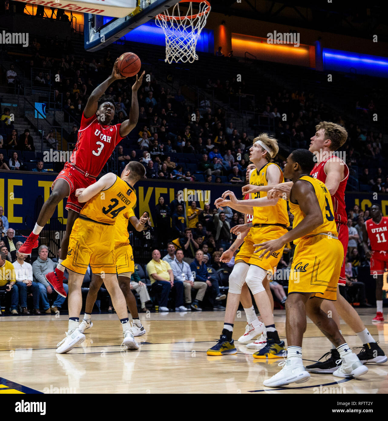 Berkeley, CA U.S. 26th Jan, 2019. A. Utah forward Donnie Tillman (3) drives to the basket during the NCAA Men's Basketball game between Utah Utes and the California Golden Bears 64-82 lost at Hass Pavilion Berkeley Calif. Thurman James/CSM/Alamy Live News Stock Photo