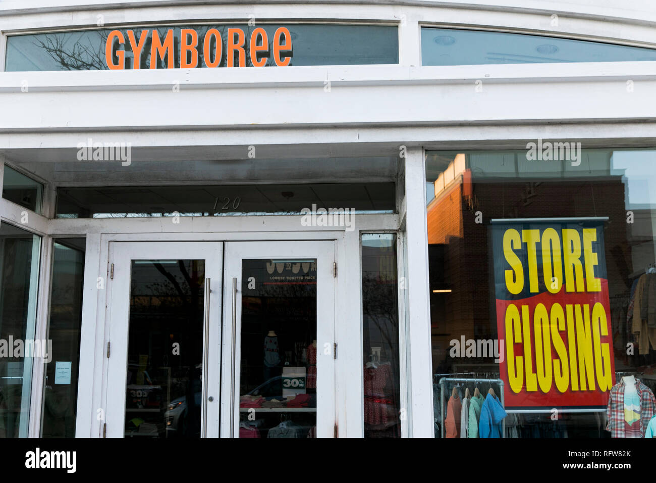 A Gymboree retail store with "Store Closing" signs in the window in