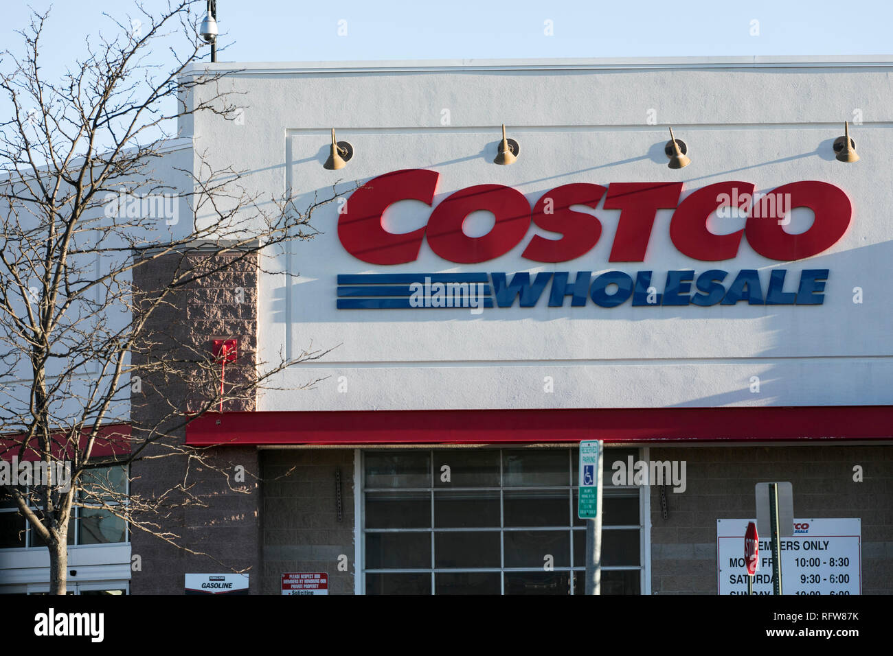 A logo sign outside of a Costco Wholesale warehouse store in Woodbridge, Virginia, on January 21, 2019. Stock Photo