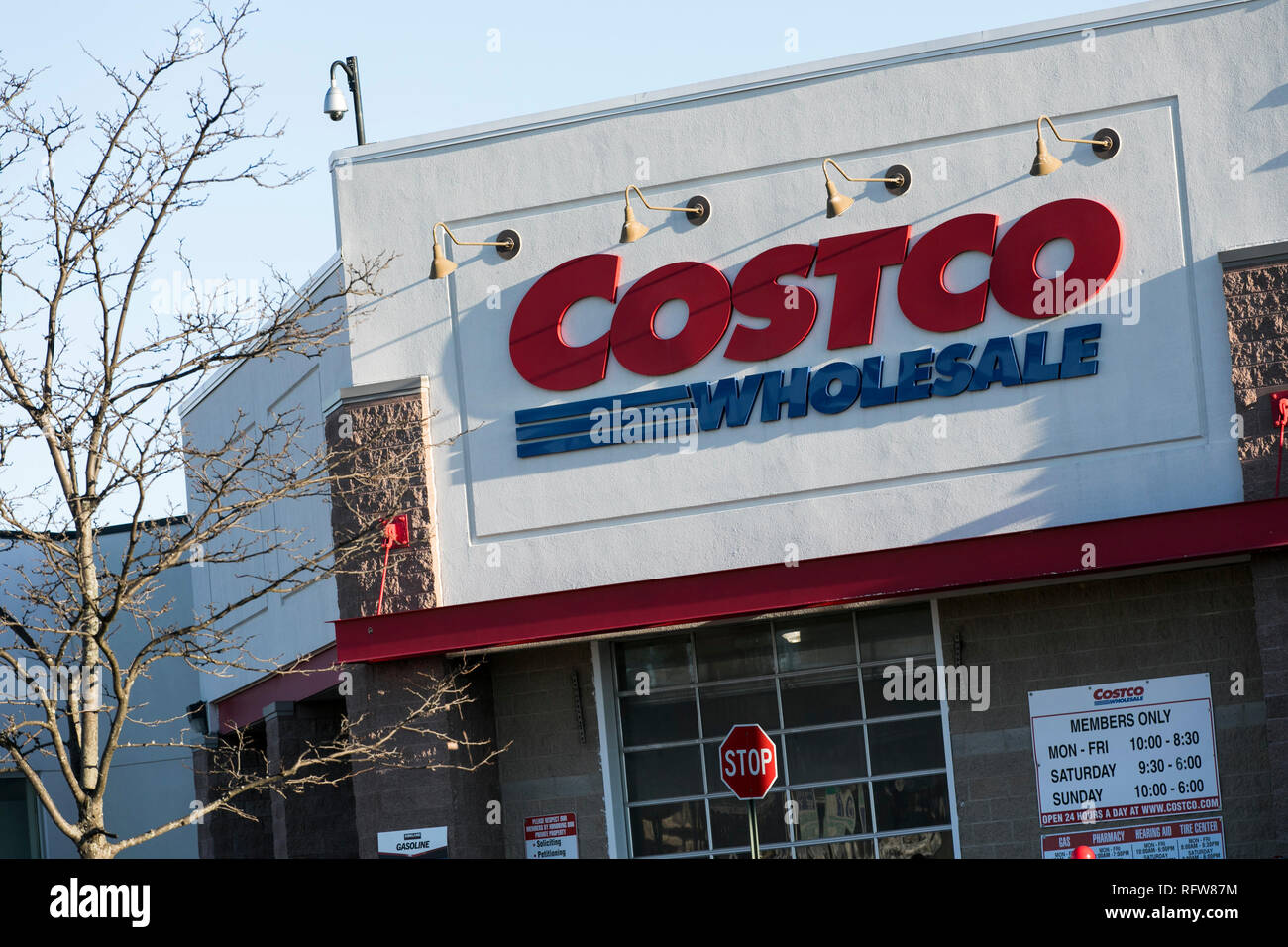 A logo sign outside of a Costco Wholesale warehouse store in Woodbridge, Virginia, on January 21, 2019. Stock Photo