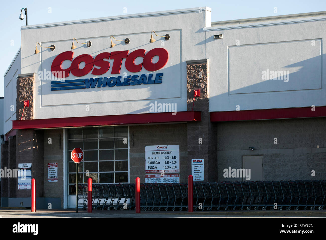 A logo sign outside of a Costco Wholesale warehouse store in Woodbridge, Virginia, on January 21, 2019. Stock Photo