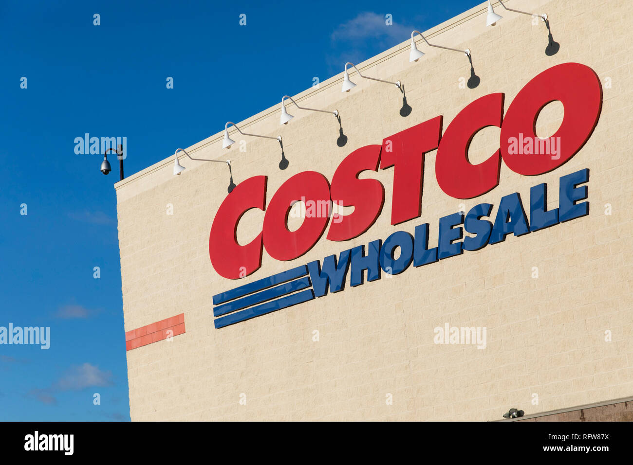 A logo sign outside of a Costco Wholesale warehouse store in Woodbridge, Virginia, on January 21, 2019. Stock Photo