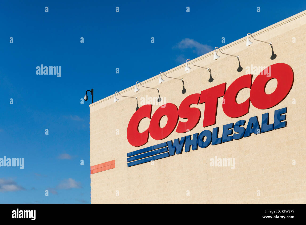 A logo sign outside of a Costco Wholesale warehouse store in Woodbridge, Virginia, on January 21, 2019. Stock Photo