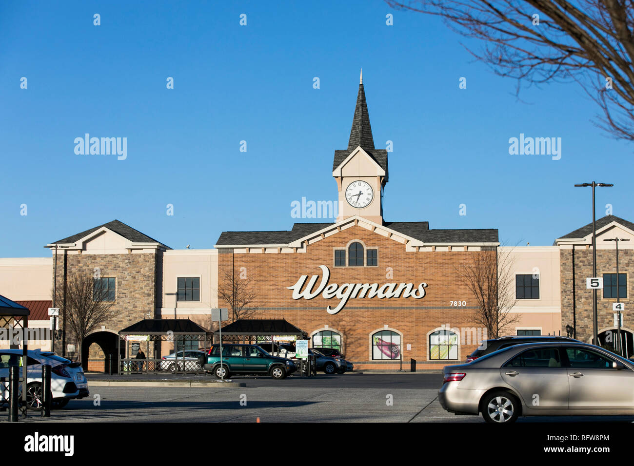 A logo sign outside of a Wegmans Food Markets grocery store in Frederick, Maryland, on January 22, 2019. Stock Photo