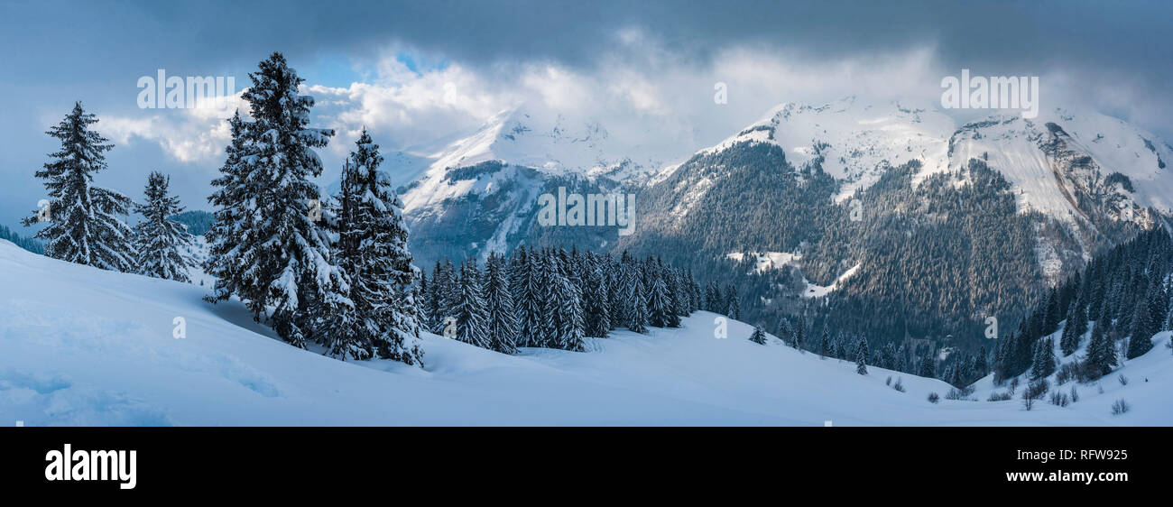 Morzine Ski Area, snowy winter mountain landscape, Port du Soleil, Auvergne Rhone Alpes, French Alps, France, Europe Stock Photo