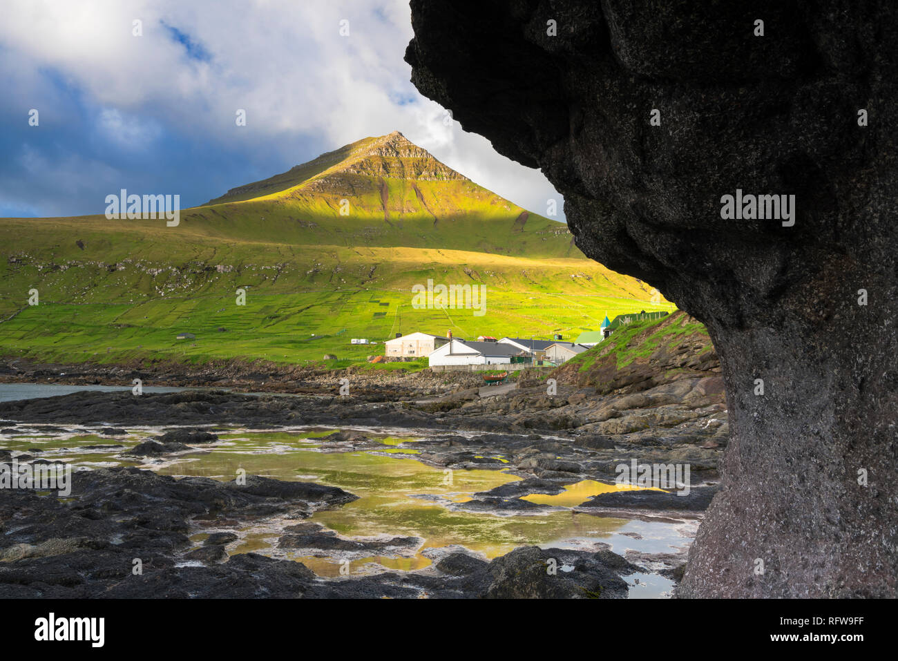 Gjogv at sunrise, Eysturoy island, Faroe Islands, Denmark, Europe Stock Photo