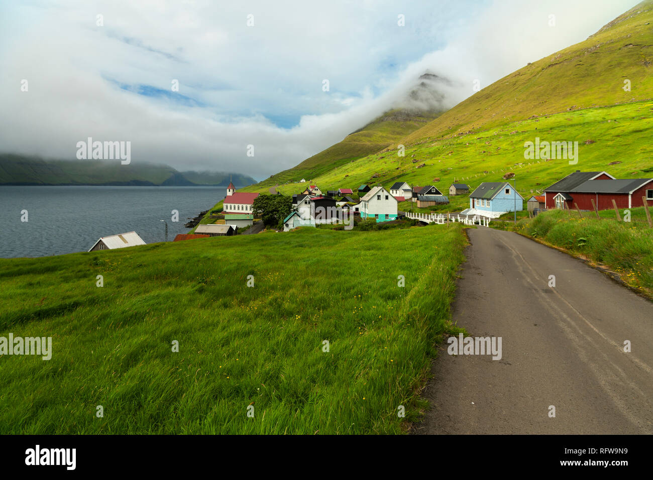 Coastal village of Kunoy, Kunoy island, Faroe Islands, Denmark, Europe Stock Photo