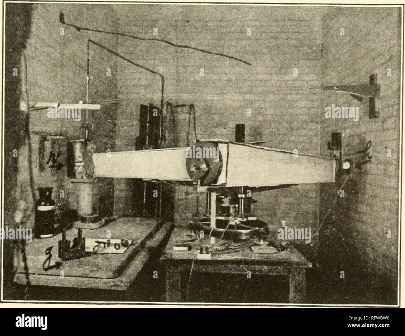 . Carnegie Institution of Washington publication. ^^ Fig. I. -Inner room containing radiometer R, spectrometer and prism P, exhaust pump G, lamps and scale L, and telescope T. C is the holder for the absorption cell. S is the shutter, H the Nernst lamp-heater.. Fig. 1 A.—Large spectrometer with Nernst heater, /*, to the right, and radiometer, r, to the left. The gas-cell holde and glass cells are shown at 9; Ceissler pump in the rear. Photograph taken through doorway of inner room.. Please note that these images are extracted from scanned page images that may have been digitally enhanced for Stock Photo